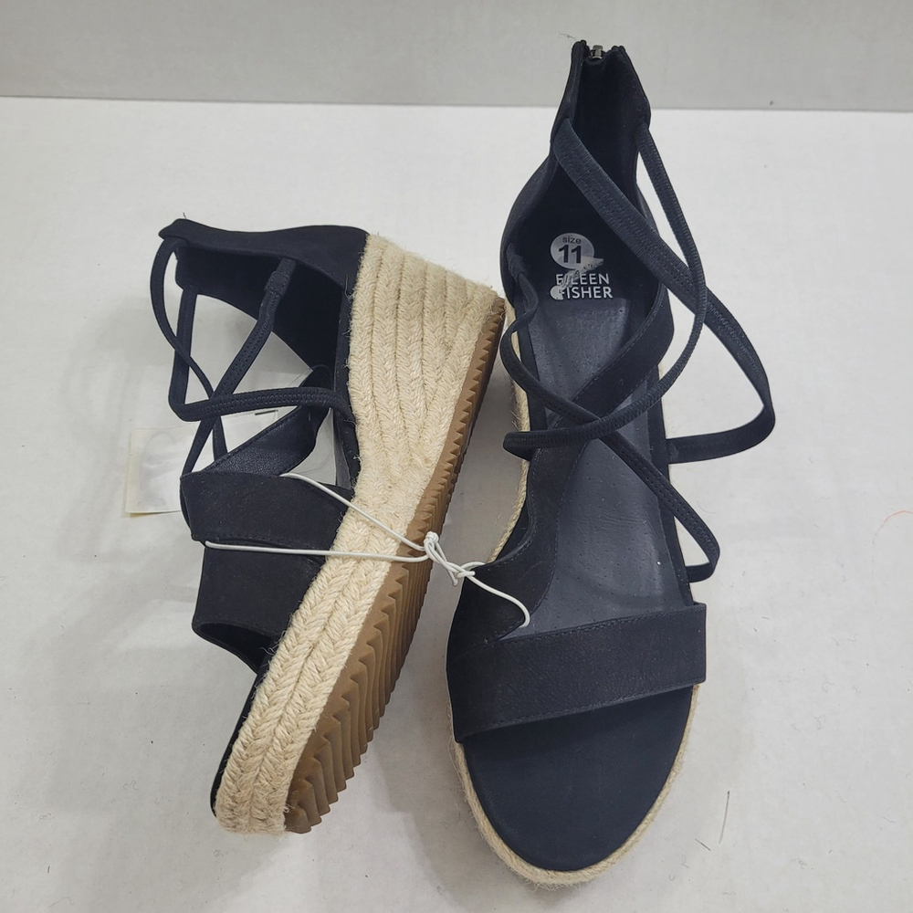 NEW Eileen Fisher Wanda Black Tumbled Nubuck Espadrille Wedge Sandal, Size 11 - Picture 4 of 11